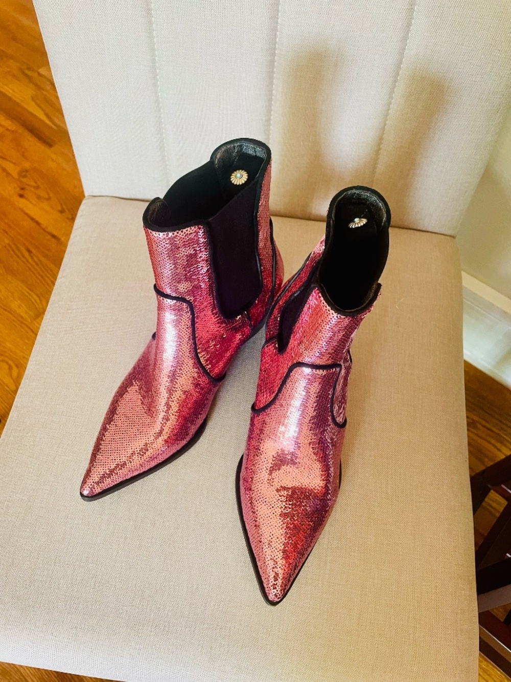 Paige Hot Pink Sequin Chelsea Ankle Bootie | Pointed Toe Block Heel Gem Detail 6